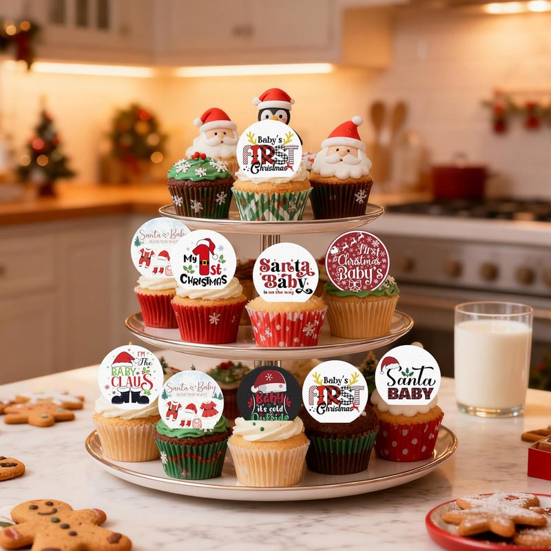 Fyeoxle 36PCS Edible My 1st Christmas Cupcake Toppers Wafer Paper Santa Baby Cupcake Toppers Christmas Cake Picks for Xmas Theme Party Baby Shower Birthday Supplies - Image 4